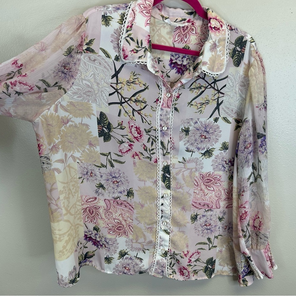 Cynthia Rowley 1X Floral Button-Up Blouse Pink Lilac Coquette Twee Vintage - Picture 12 of 12